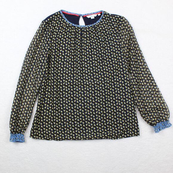 Boden Floral Blouse Womens 8 Navy Yellow Ruffle Sheer Romantic Top Lightweight - Picture 6 of 6